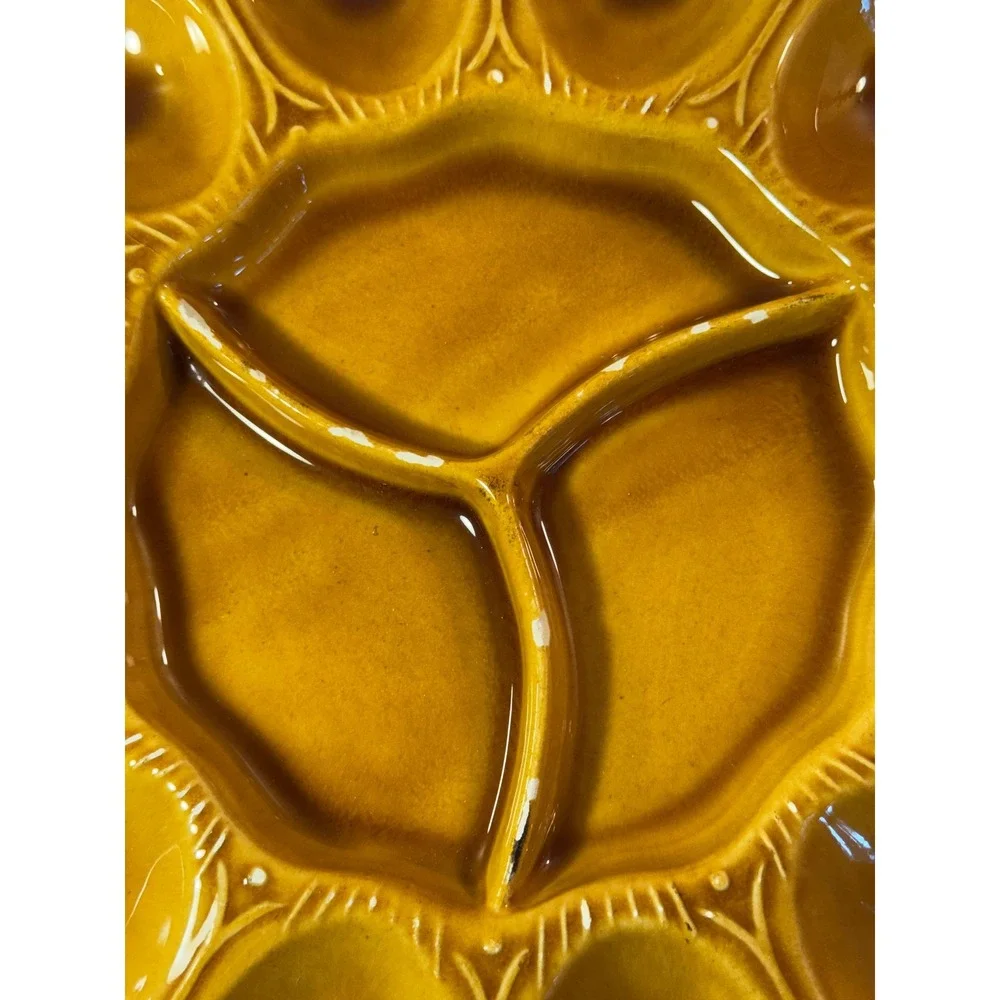 Vintage USA Pottery 3737 Deviled Egg Platter Mustard Yellow Ceramic Serving Tray